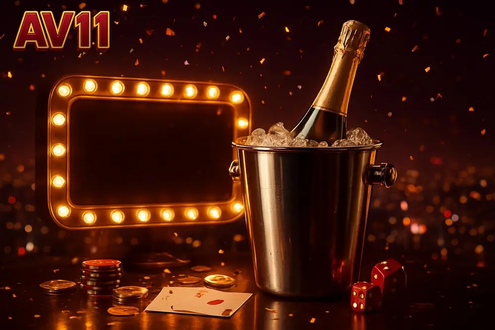 AV11 app — champagne bucket on rooftop terrace with glowing bulb marquee