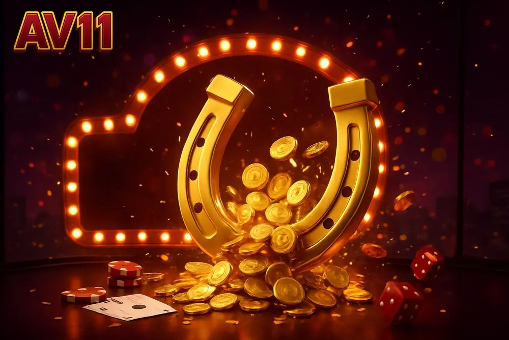 AV11 Aviator game โ golden horseshoe with coin spray in glass penthouse at night AV11 Aviator game โ golden horseshoe with coin spray in glass penthouse at night