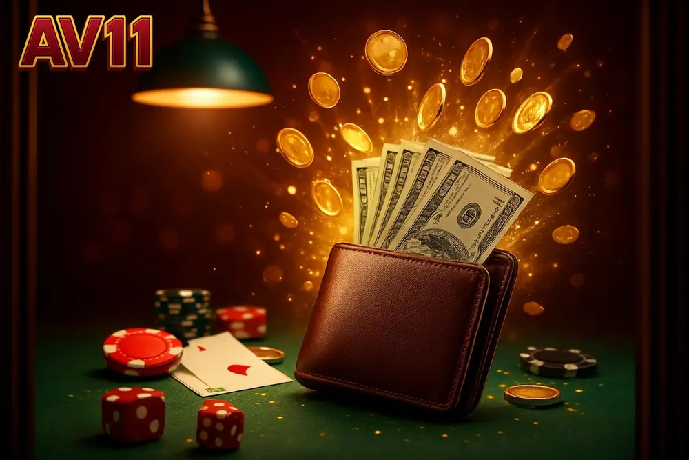 AV11 bKash deposit — leather wallet with cash and coins bursting on green felt table AV11 bKash deposit — leather wallet with cash and coins bursting on green felt table