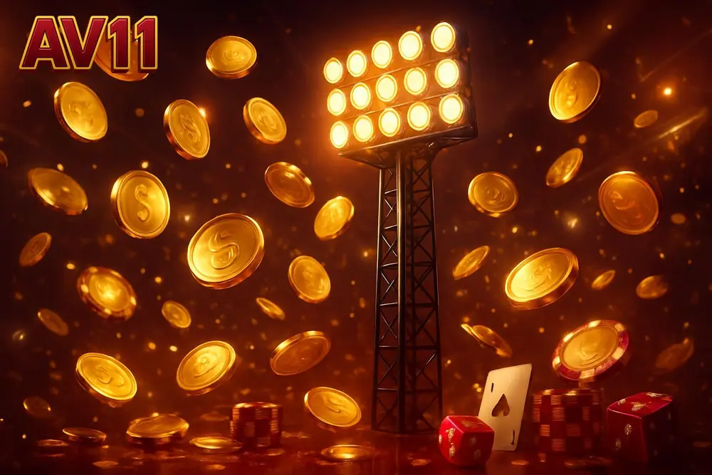 AV11 cricket betting — stadium floodlight tower amid gold coins in mirrored hall