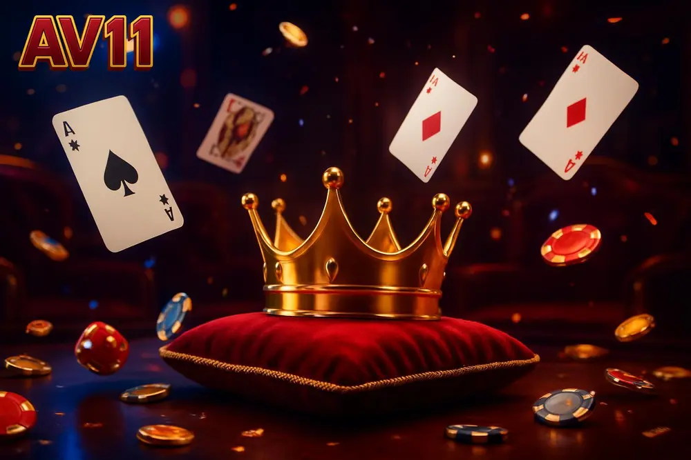 AV11 Bangladesh casino — golden crown on cushion amid flying cards in blue neon lounge