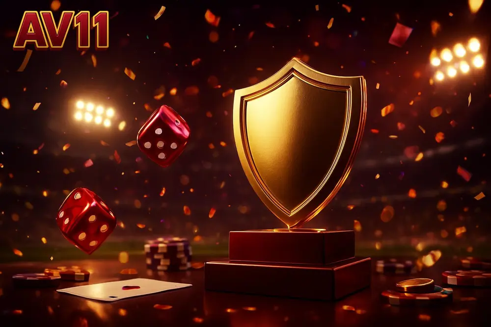 AV11 login — golden shield medal on plinth with dice and confetti at stadium