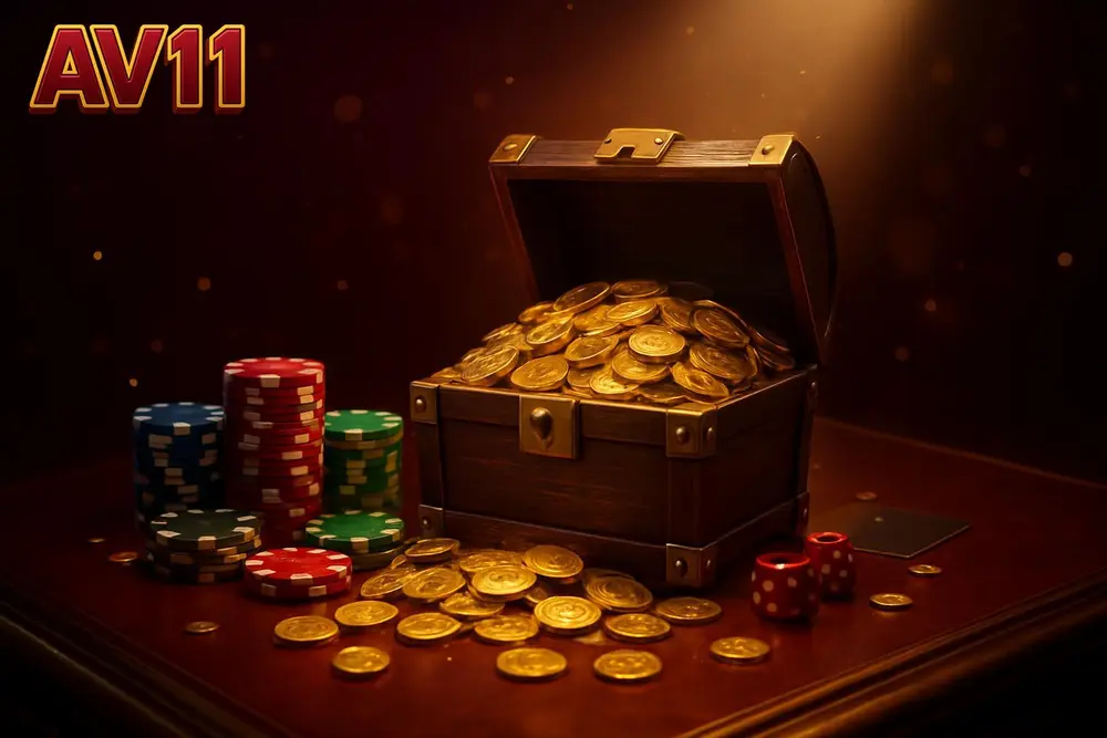 AV11 signup bonus — treasure chest overflowing with coins on mahogany bar counter